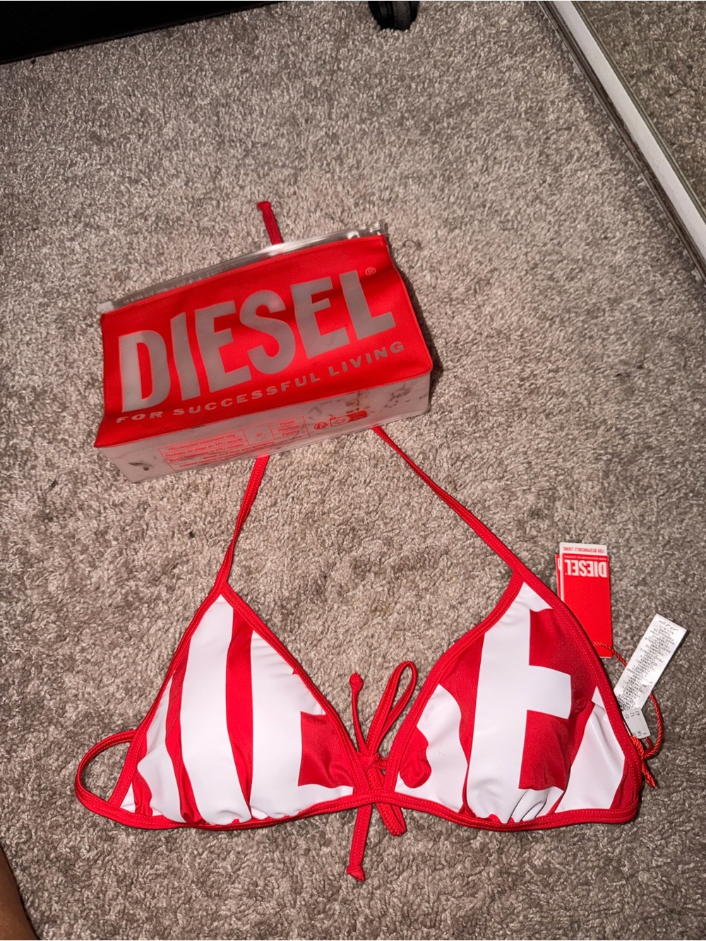 Diesel Red and White Logo Triangle Bikini Top